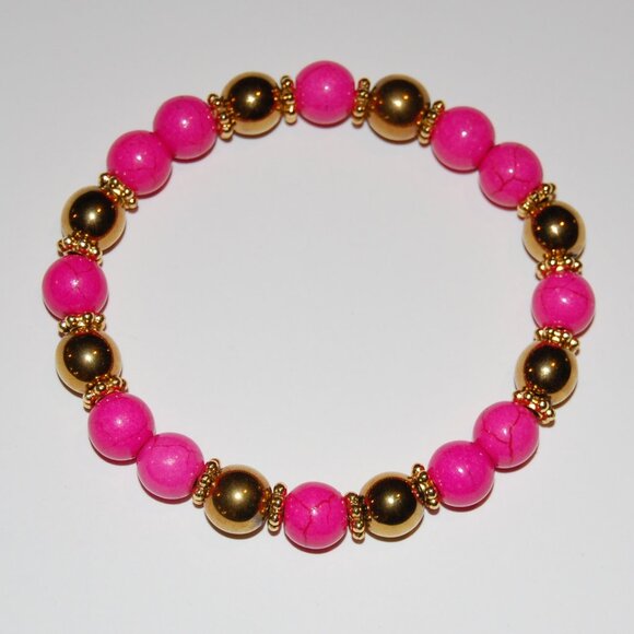 Pink and Gold Bracelet,Stone and Golden 8mm Beads,Handmade Bracelet - Picture 2 of 2